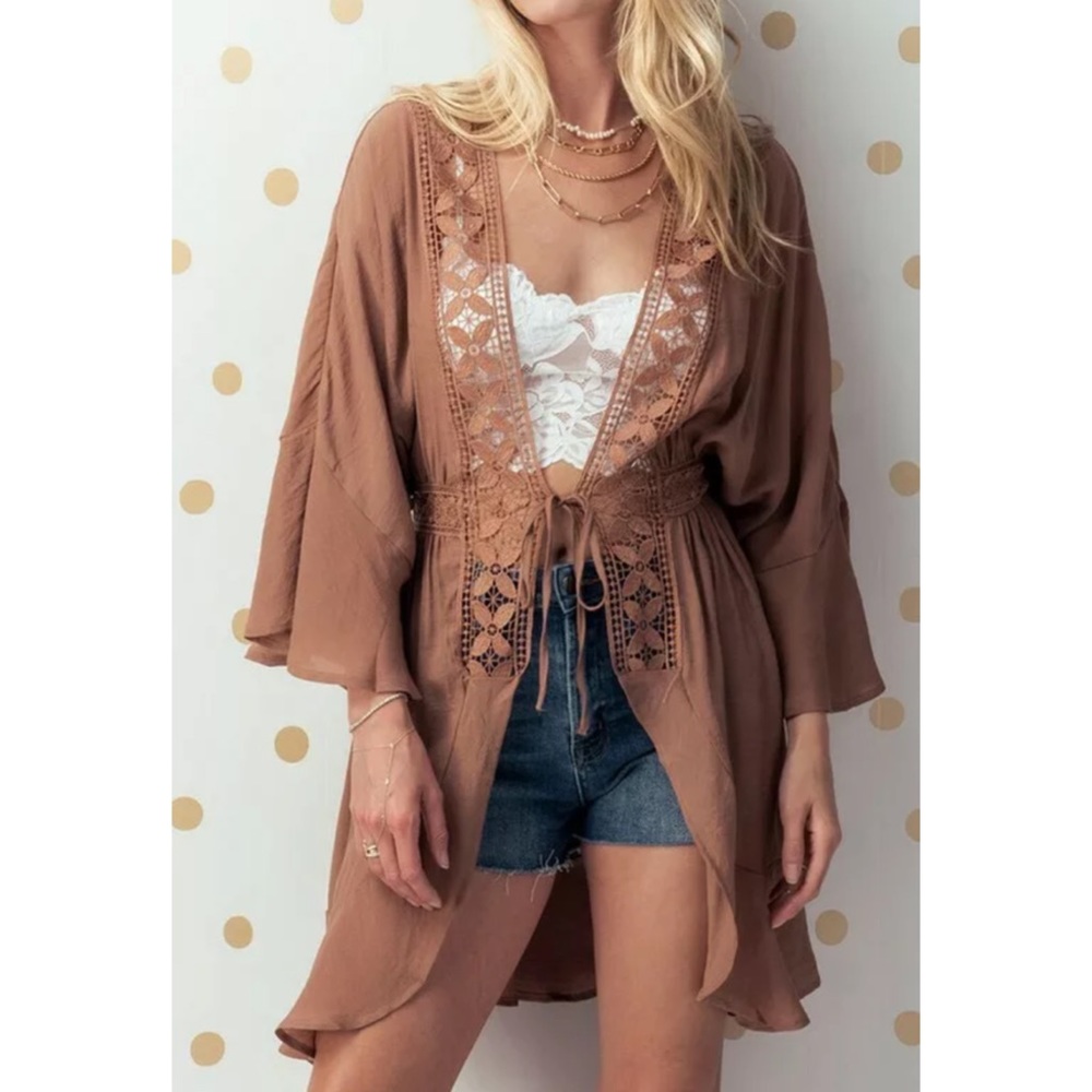 CLEARANCE Mocha Boho Crochet Ruffle Bell Sleeve Cardigan - Picture 1 of 4